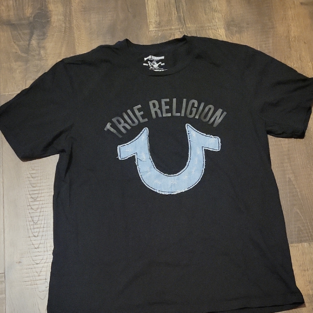 True Religion Black Tee with Light Blue Logo